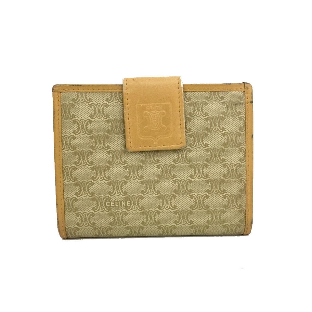 Auth. CELINE Macadam PVC Bifold Wallet Beige Brown Logo Print Canvas Leather